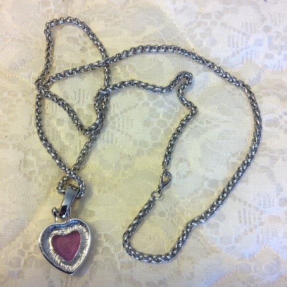 Vintage Purple Cracked Crystal Heart Silver Pendant Silver Tone Long Necklace - Picture 4 of 11